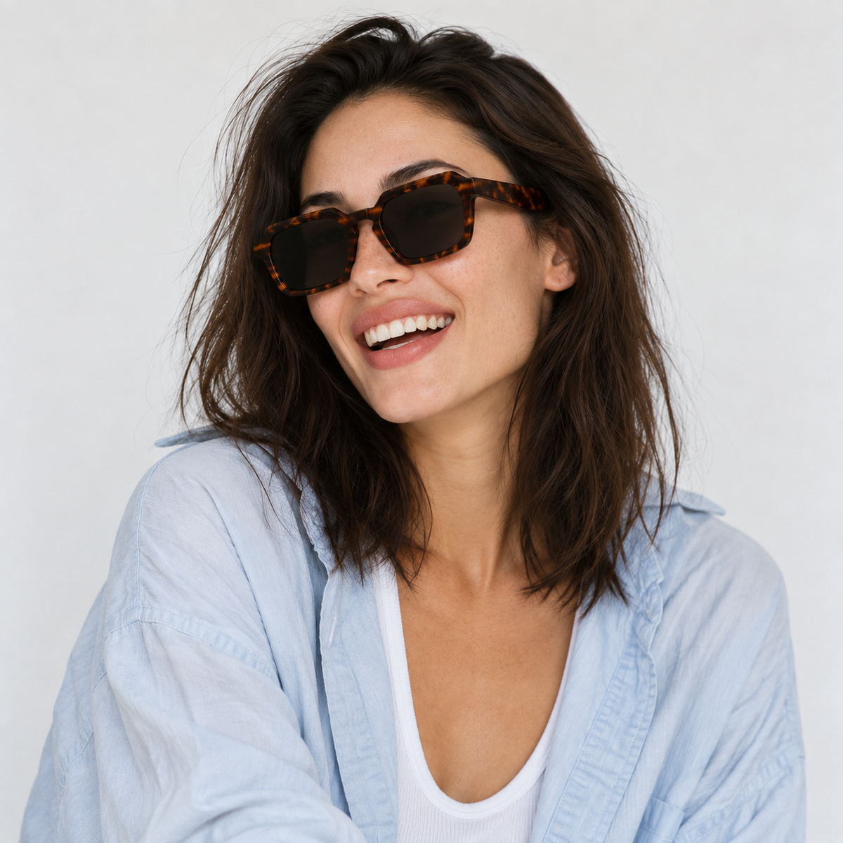 SET 01 — Checkout sunglasses in Tortoiseshell with grey lenses, worn by a model