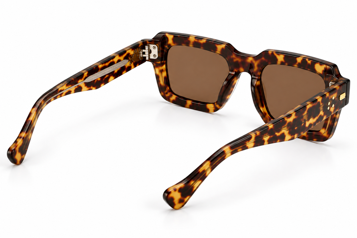 SET 03 — Motel sunglasses in Tortoiseshell with brown lenses, back three-quarter view