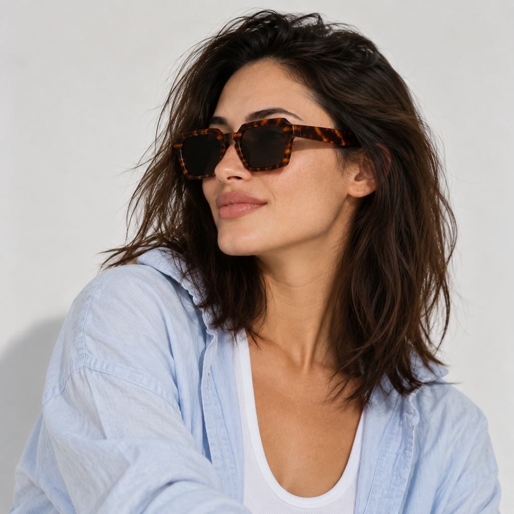SET 01 — Checkout sunglasses in Tortoiseshell with grey lenses, worn by a model, three-quarter