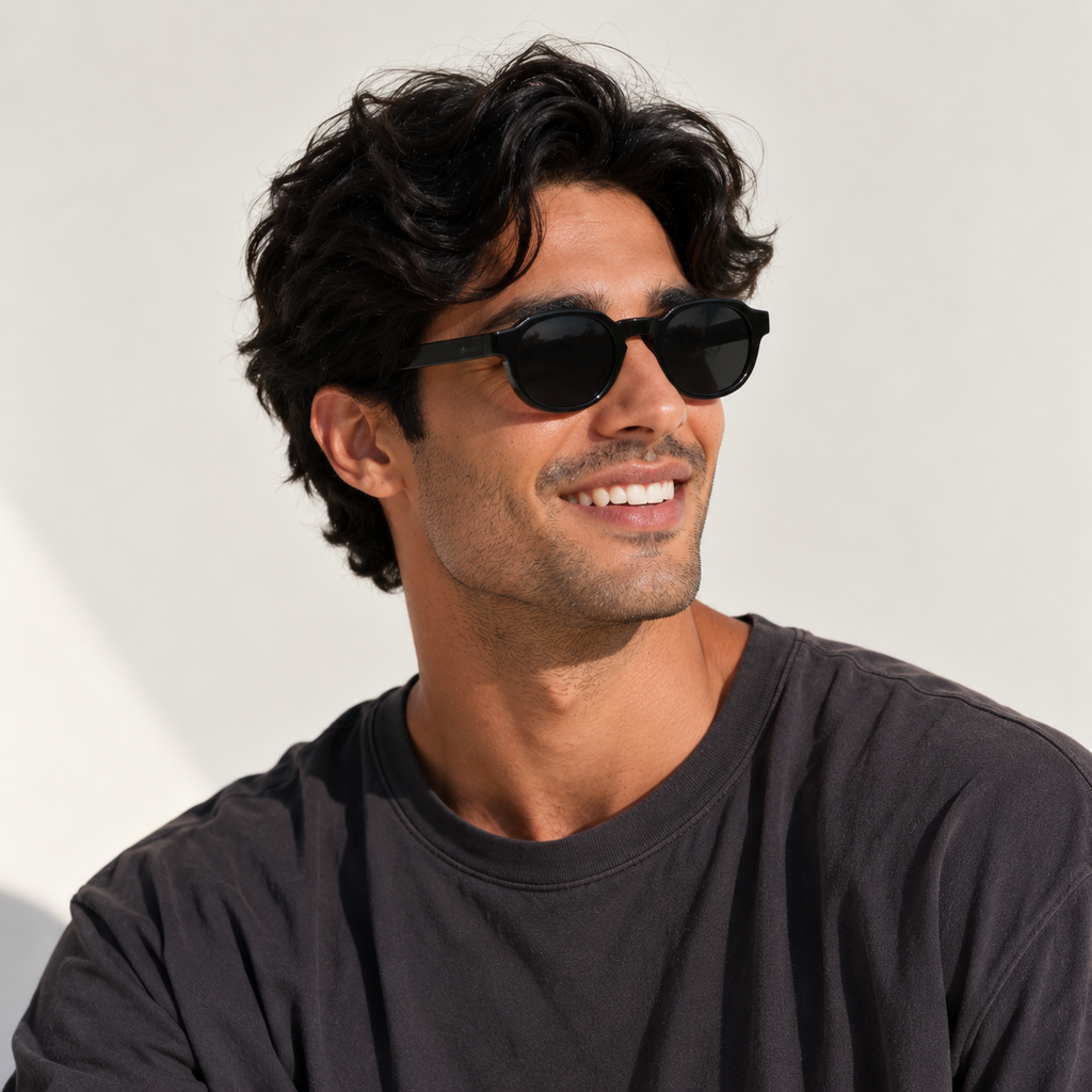 SET 04 — Picnic sunglasses in Black with grey lenses, worn by a model, three-quarter