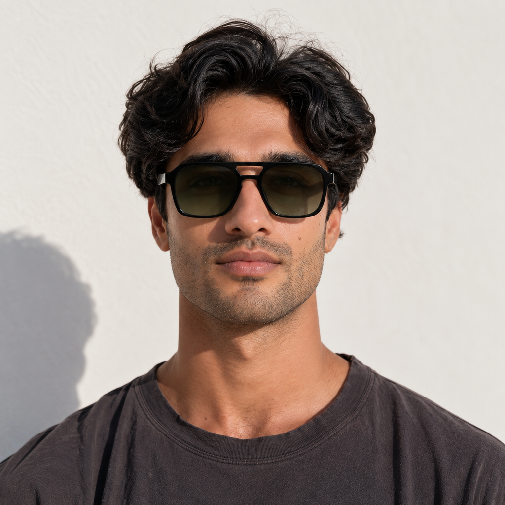 SET 02 — Monday sunglasses in Black with gradient green lenses, worn by a model, front
