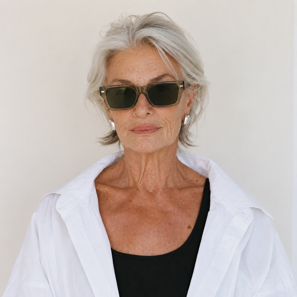 SET 03 — Motel sunglasses in Green with green lenses, worn by a model, front