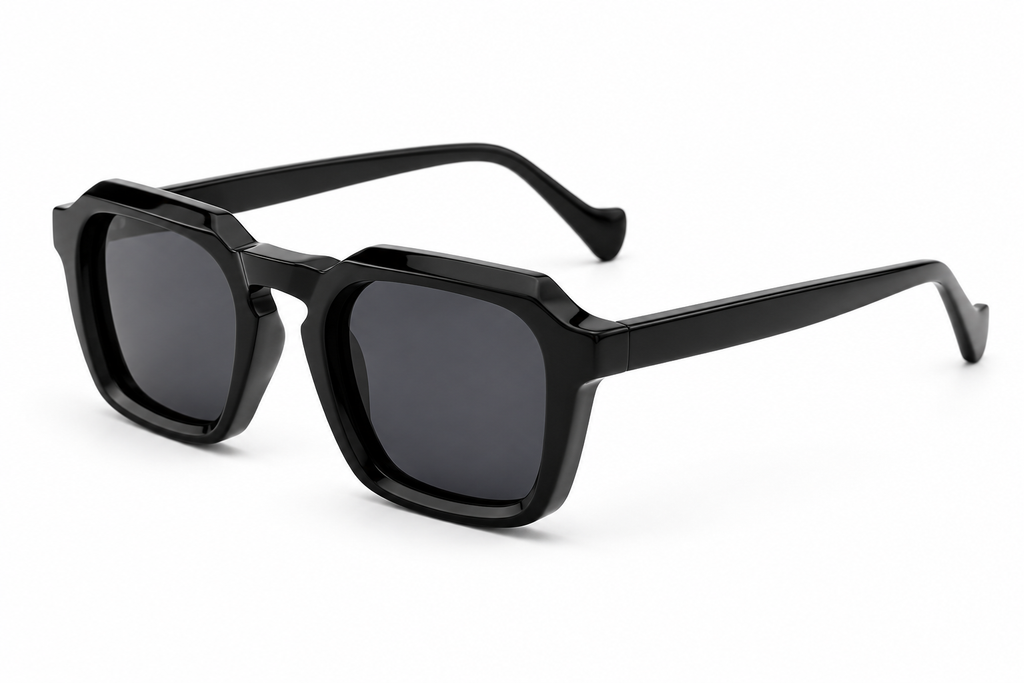 SET 01 — Checkout sunglasses in Black with grey lenses, three-quarter view