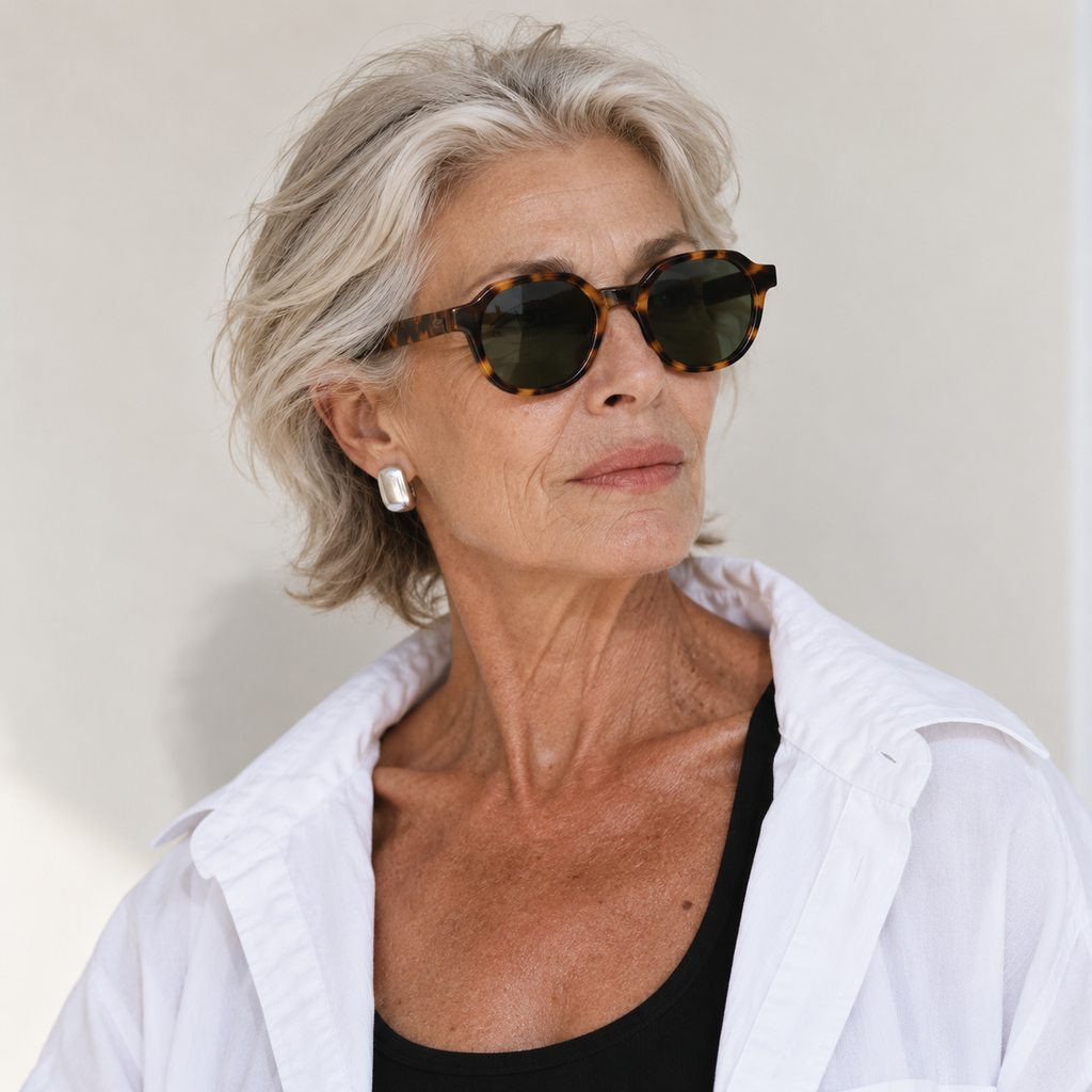 SET 04 — Picnic sunglasses in Tortoiseshell with green lenses, worn by a model, three-quarter