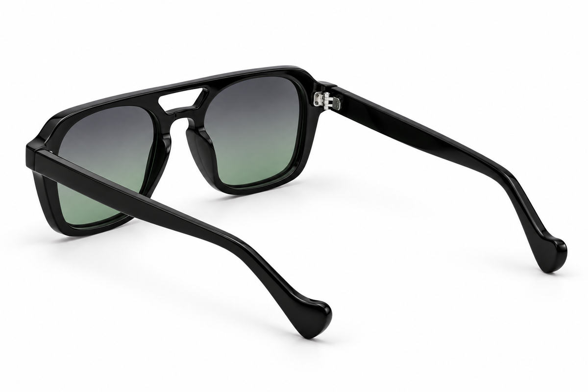 SET 02 — Monday sunglasses in Black with gradient green lenses, back three-quarter view