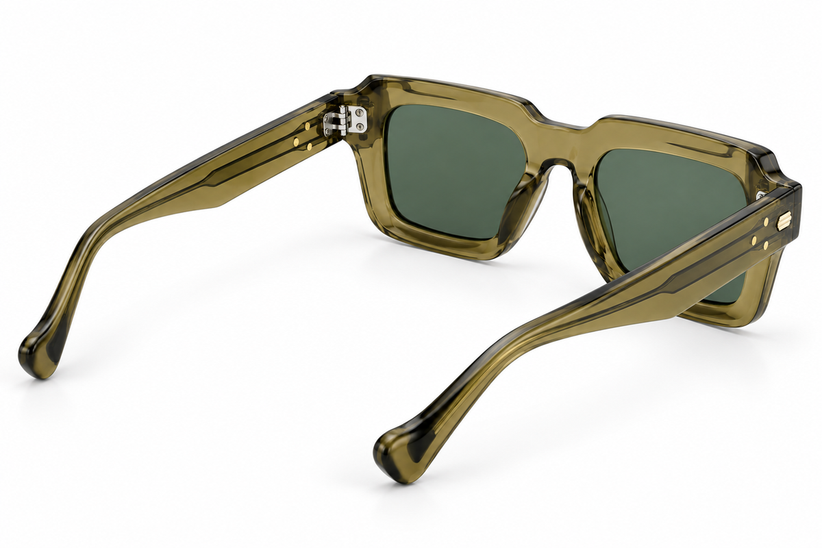 SET 03 — Motel sunglasses in Green with green lenses, back three-quarter view
