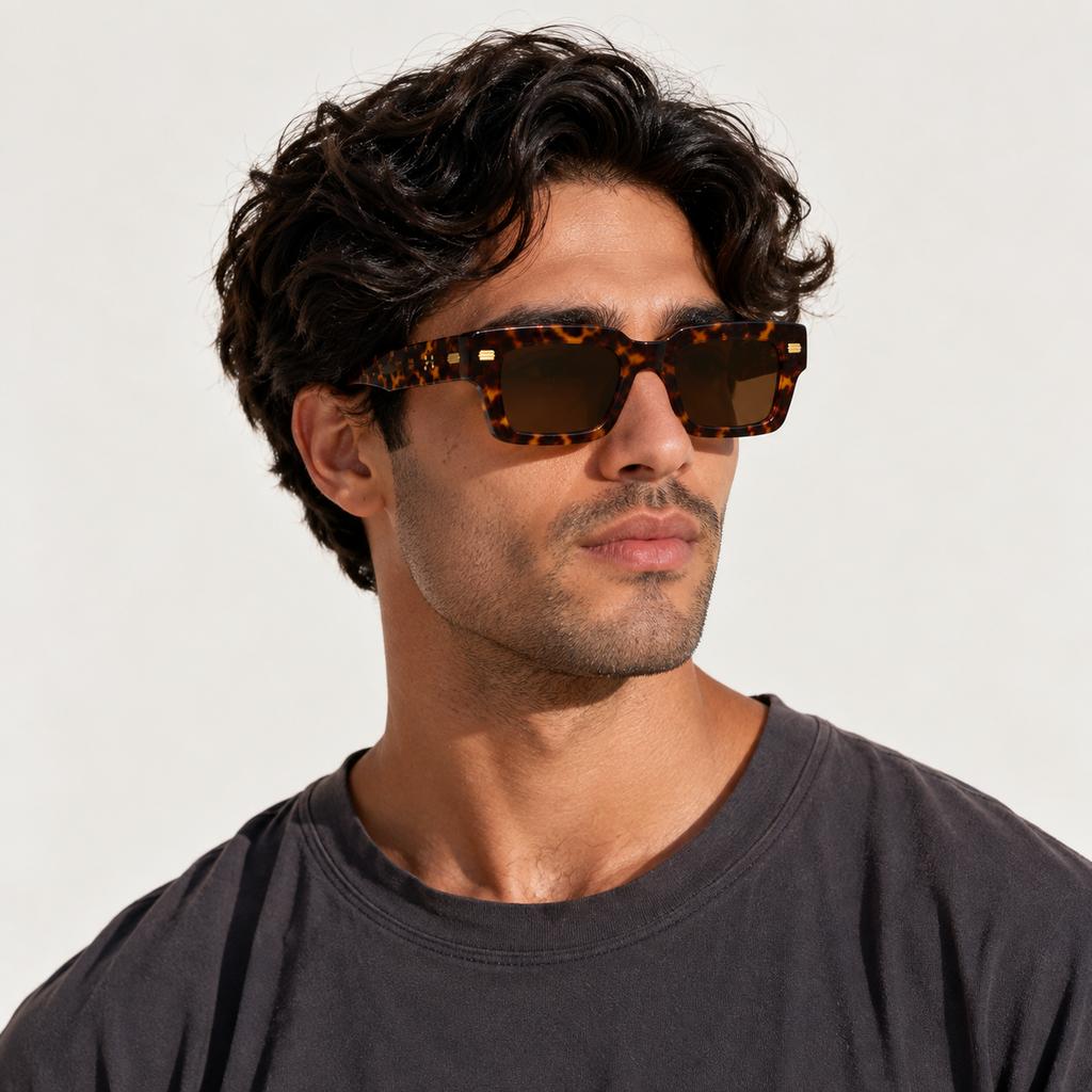 SET 03 — Motel sunglasses in Tortoiseshell with brown lenses, worn by a model, three-quarter