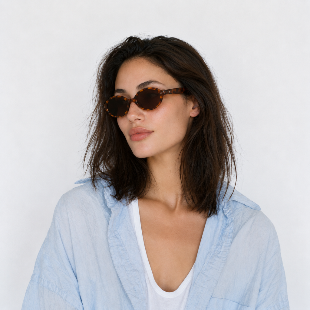 SET 05 — Plus One sunglasses in Tortoiseshell with brown lenses, worn by a model, three-quarter