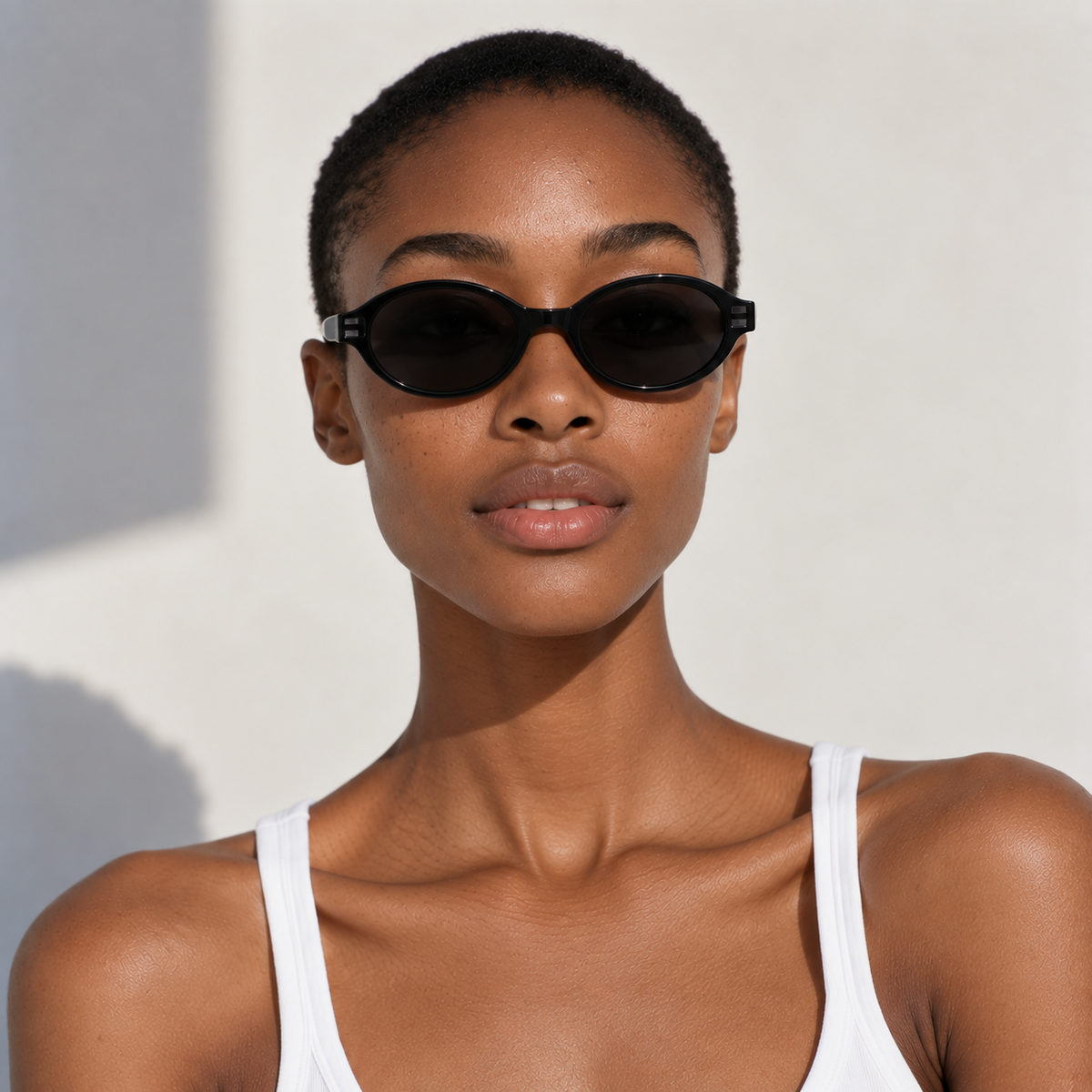 SET 05 — Plus One sunglasses in Black with grey lenses, worn by a model, front