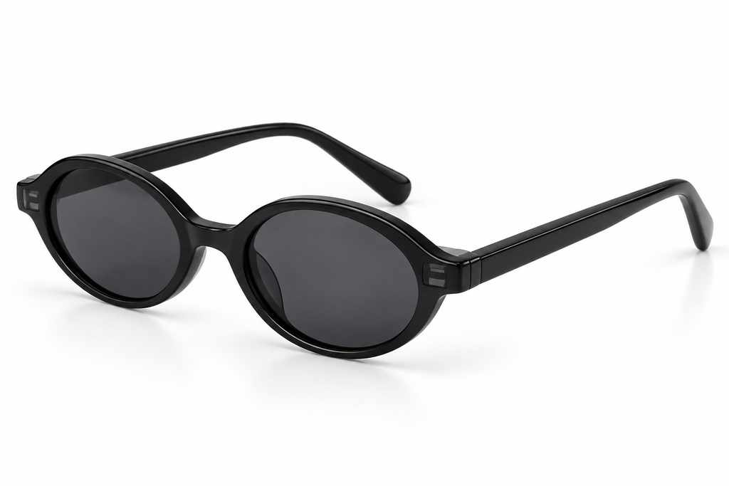 SET 05 — Plus One sunglasses in Black with grey lenses, three-quarter view