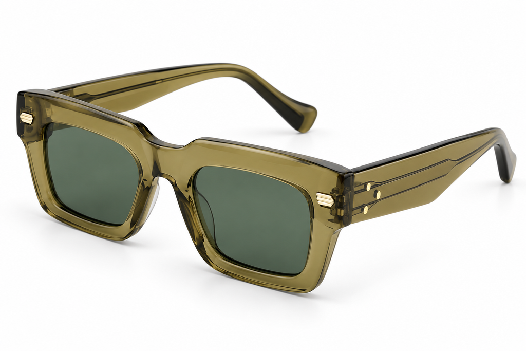 SET 03 — Motel sunglasses in Green with green lenses, three-quarter view