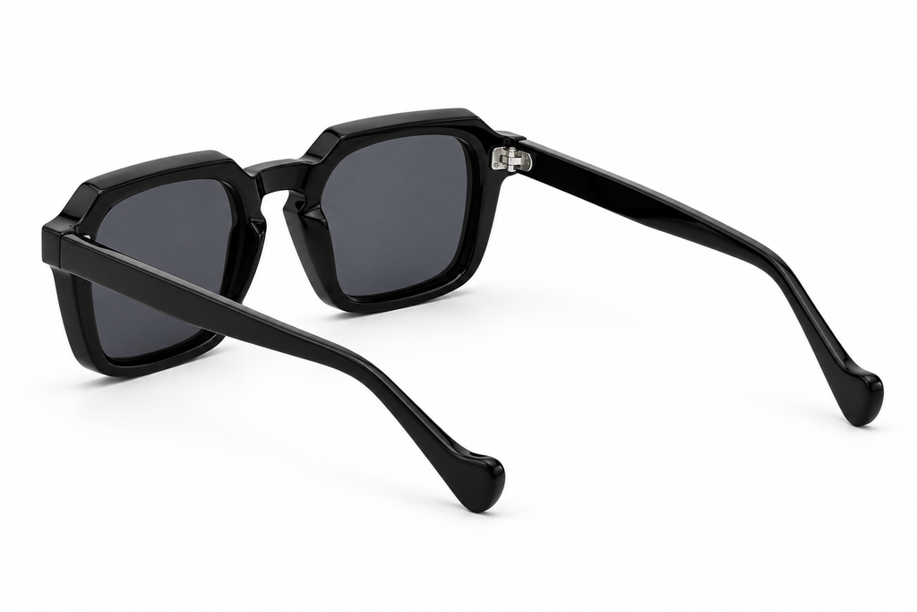 SET 01 — Checkout sunglasses in Black with grey lenses, back three-quarter view