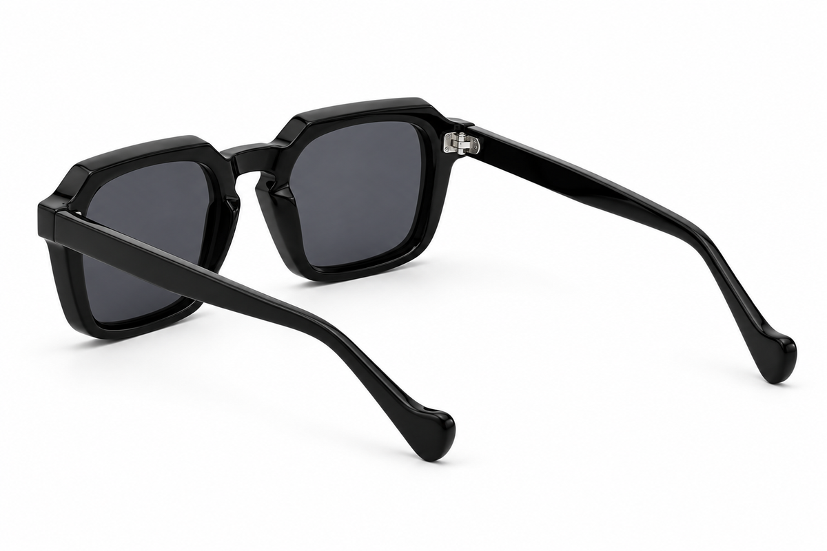 SET 01 — Checkout sunglasses in Black with grey lenses, back three-quarter view